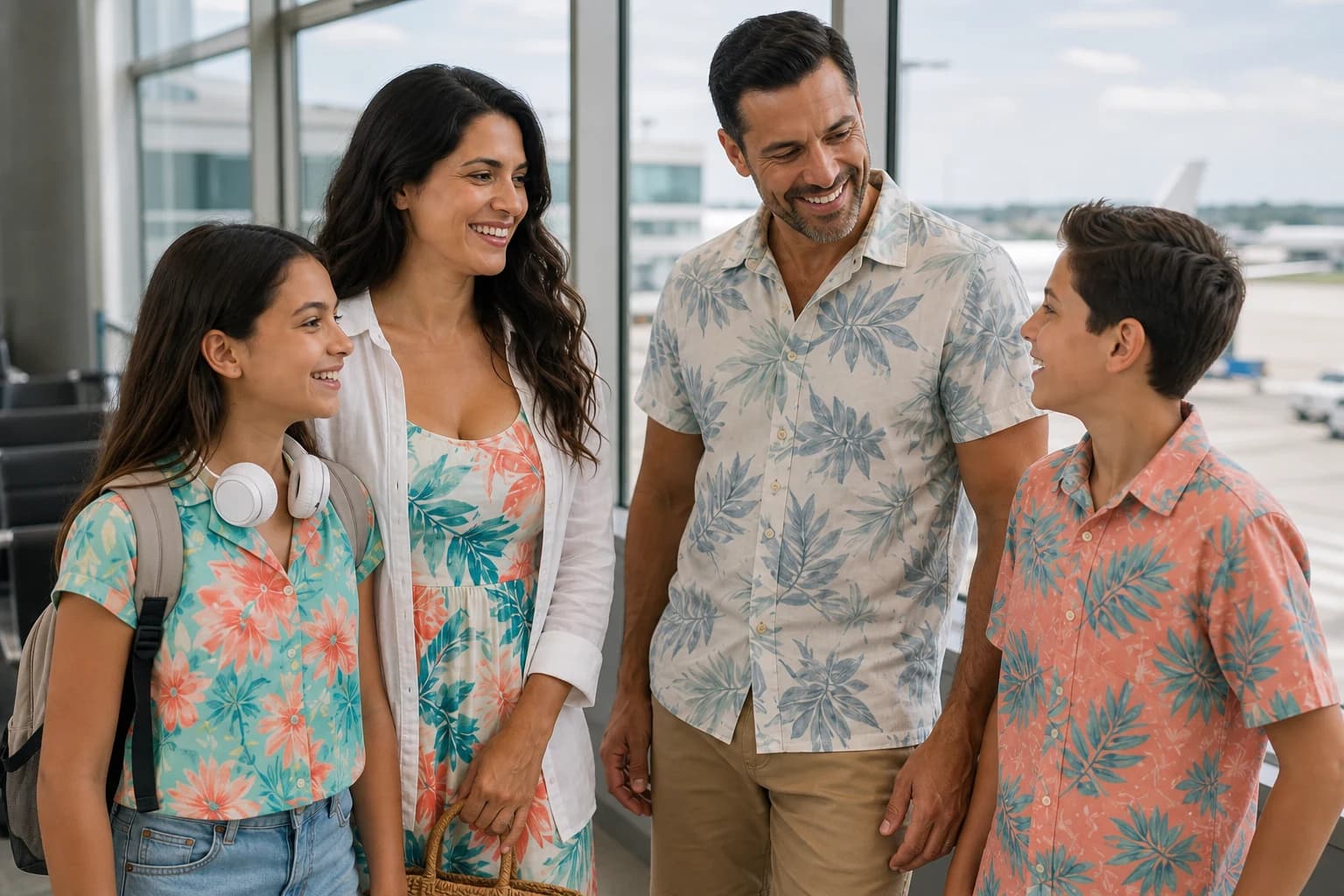 A family enjoying a quiet moment together by the airport windows with only personal bags