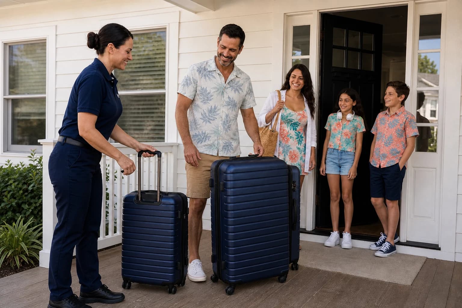 A luggage agent collecting navy suitcases from a family at their front door